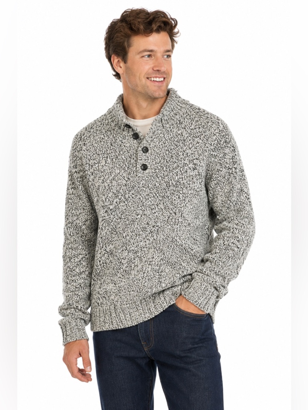 Roots Marled Mock Neck Sweater Button Pullover XL Cabin Cozycore
